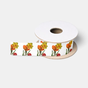 Rode tulpen en gele narcis bloemen satijnen lint