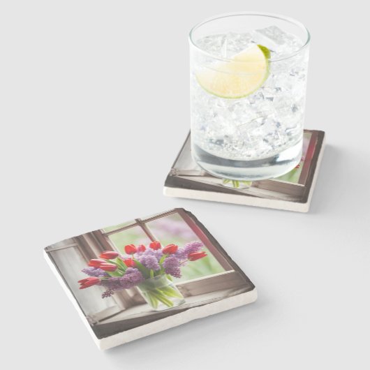 Rode Tulpen en Lila Boeket Stenen Onderzetter (Zijkant)