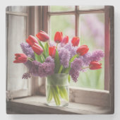 Rode Tulpen en Lila Boeket Stenen Onderzetter (Voorkant)
