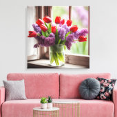 Rode Tulpen en Lilacs In Venster Canvas Afdruk (Insitu (Woonkamer))