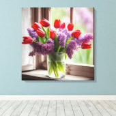 Rode Tulpen en Lilacs In Venster Canvas Afdruk (Insitu (Houten vloer))