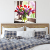 Rode Tulpen en Lilacs In Venster Canvas Afdruk (Insitu (Slaapkamer))