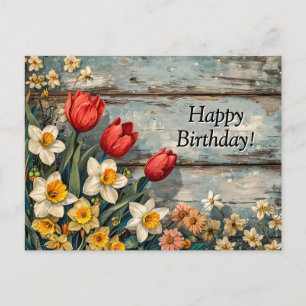 Rode tulpen en narcissen op blauwe houten ondergro briefkaart