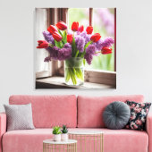 Rode tulpen en seringen in venster canvas afdruk (Insitu (Woonkamer))