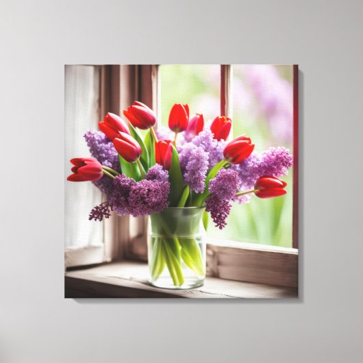 Rode tulpen en seringen in venster canvas afdruk (Voorkant)