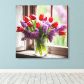 Rode tulpen en seringen in venster canvas afdruk (Insitu (Houten vloer))