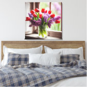 Rode tulpen en seringen in venster canvas afdruk (Insitu (Slaapkamer))
