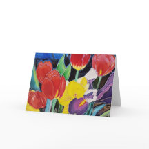 Rode tulpen, gele narcis en Paarse iris