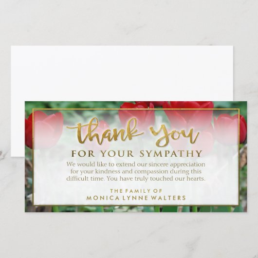 Rode tulpen gouden dank je wel condoleancekaart bedankkaart (Voorkant / Achterkant)