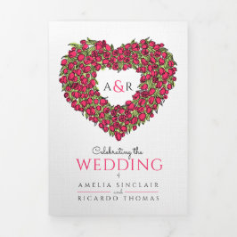 Rode tulpen hartenmonogram bruiloft all-in-one drieluik uitnodiging