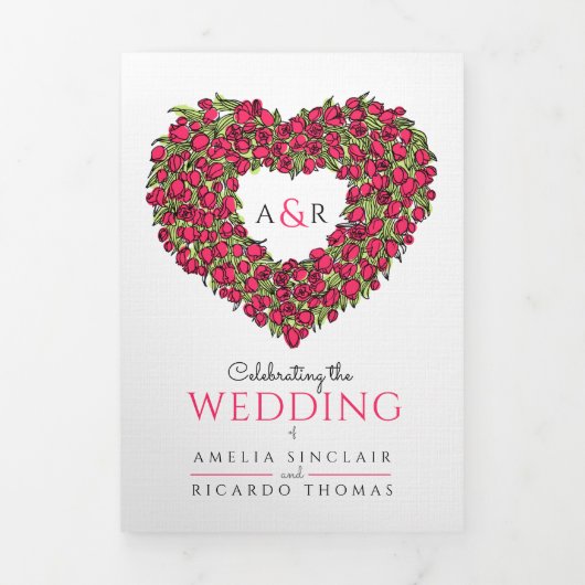 Rode tulpen hartenmonogram bruiloft all-in-one drieluik uitnodiging (Cover)