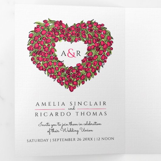 Rode tulpen hartenmonogram bruiloft all-in-one drieluik uitnodiging (Binnenzijde eerst)