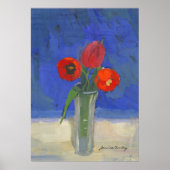 Rode tulpen in blauw Poster (Voorkant)