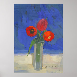 Rode tulpen in blauw Poster