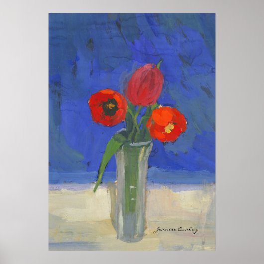 Rode tulpen in blauw Poster (Voorkant)