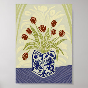 Rode tulpen in blauwe vierkante Chinoiserie vaas Poster