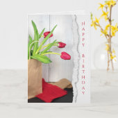 rode tulpen in bruine zakverjaardag kaart (Gele Bloem)