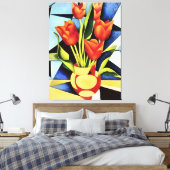 Rode tulpen in een rode en gele vaas canvas afdruk (Insitu (Slaapkamer))