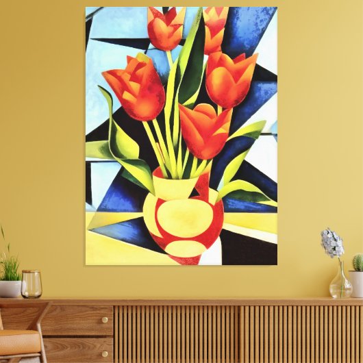 Rode tulpen in een rode en gele vaas canvas afdruk (Insitu (Woonkamer))