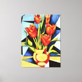 Rode tulpen in een rode en gele vaas canvas afdruk (Voorkant)