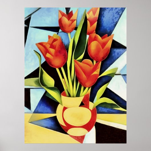 Rode tulpen in een rode en gele vaas poster (Voorkant)
