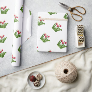 Rode tulpen met groen op wit cadeaupapier