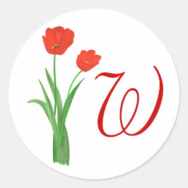  rode tulpen, monogram-bruiloft-stickers ronde sticker