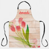 Rode tulpen op de achtergrond van schoon hout schort (Voorkant)