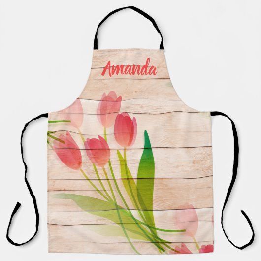 Rode tulpen op de achtergrond van schoon hout schort (Voorkant)
