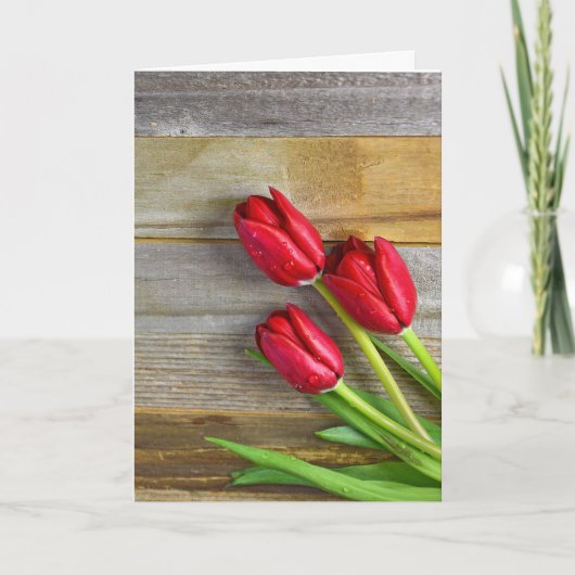 rode tulpen op hout kaart (Voorkant)