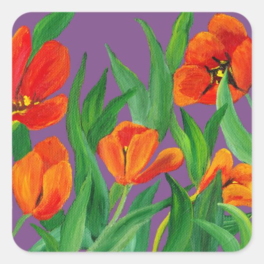 Rode Tulpen op Paars Vierkante Sticker (Voorkant)