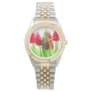 Rode tulpen op wit horloge