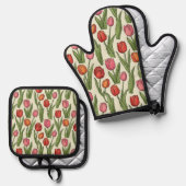 Rode Tulpen Oven Mitts & Pot Houder Ovenwant & Pannenlap Set (Voorkant / Achterkant)
