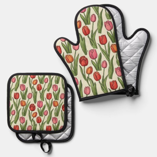 Rode Tulpen Oven Mitts & Pot Houder Ovenwant & Pannenlap Set (Voorkant / Achterkant)