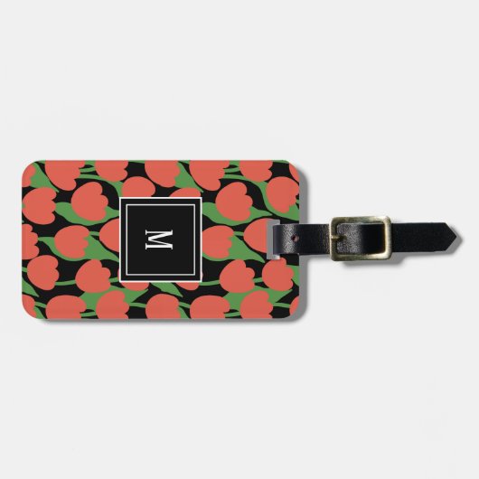 Rode tulpen retro, gepersonaliseerd monogram bagagelabel (Voorkant horizontaal)