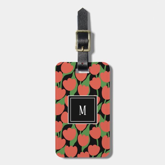 Rode tulpen retro, gepersonaliseerd monogram bagagelabel (Voorkant verticaal)
