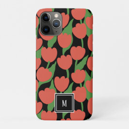 Rode tulpen retro, gepersonaliseerd monogram Case-Mate iPhone case