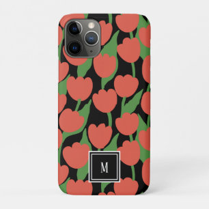 Rode tulpen retro, gepersonaliseerd monogram Case-Mate iPhone case