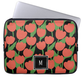 Rode tulpen retro, gepersonaliseerd monogram laptop sleeve