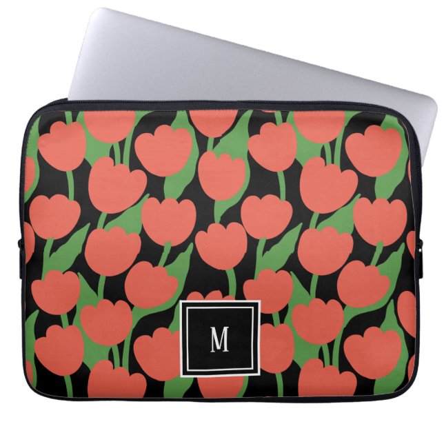 Rode tulpen retro, gepersonaliseerd monogram laptop sleeve (Voorkant)