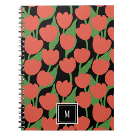 Rode tulpen retro, gepersonaliseerd monogram notitieboek