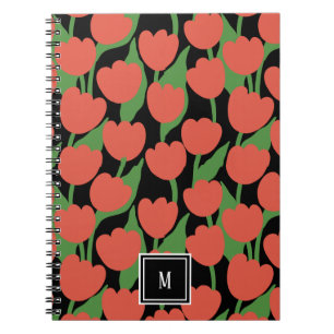 Rode tulpen retro, gepersonaliseerd monogram notitieboek