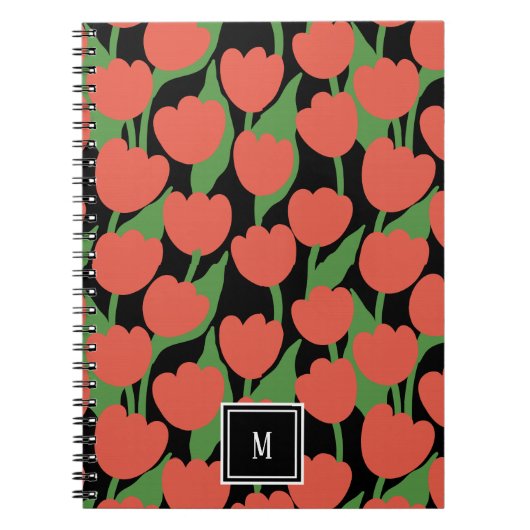 Rode tulpen retro, gepersonaliseerd monogram notitieboek (Voorkant)