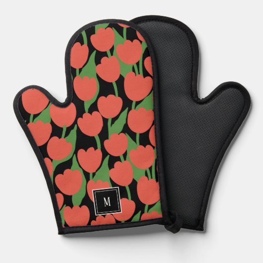 Rode tulpen retro, gepersonaliseerd monogram ovenwant (Voorkant / Achterkant)