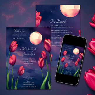 Rode Tulpen, Volle Maan en Sterren Alles in Een Br Kaart