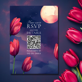 Rode Tulpen, Volle Maan en Sterren QR Code Bruilof RSVP Kaartje