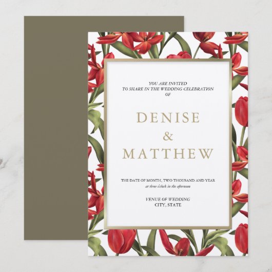 Rode tulpen waterverf bloemen met gouden letters kaart (Voorkant / Achterkant)