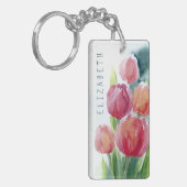 Rode tulpen waterverf veer bloei sleutelhanger (Voorkant Links)