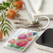 Rode tulpen waterverf veer bloei sleutelhanger (Voorkant Rechts)