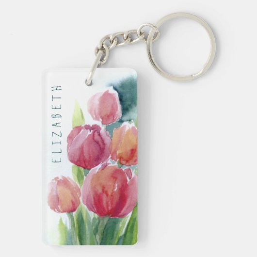 Rode tulpen waterverf veer bloei sleutelhanger (achterkant)
